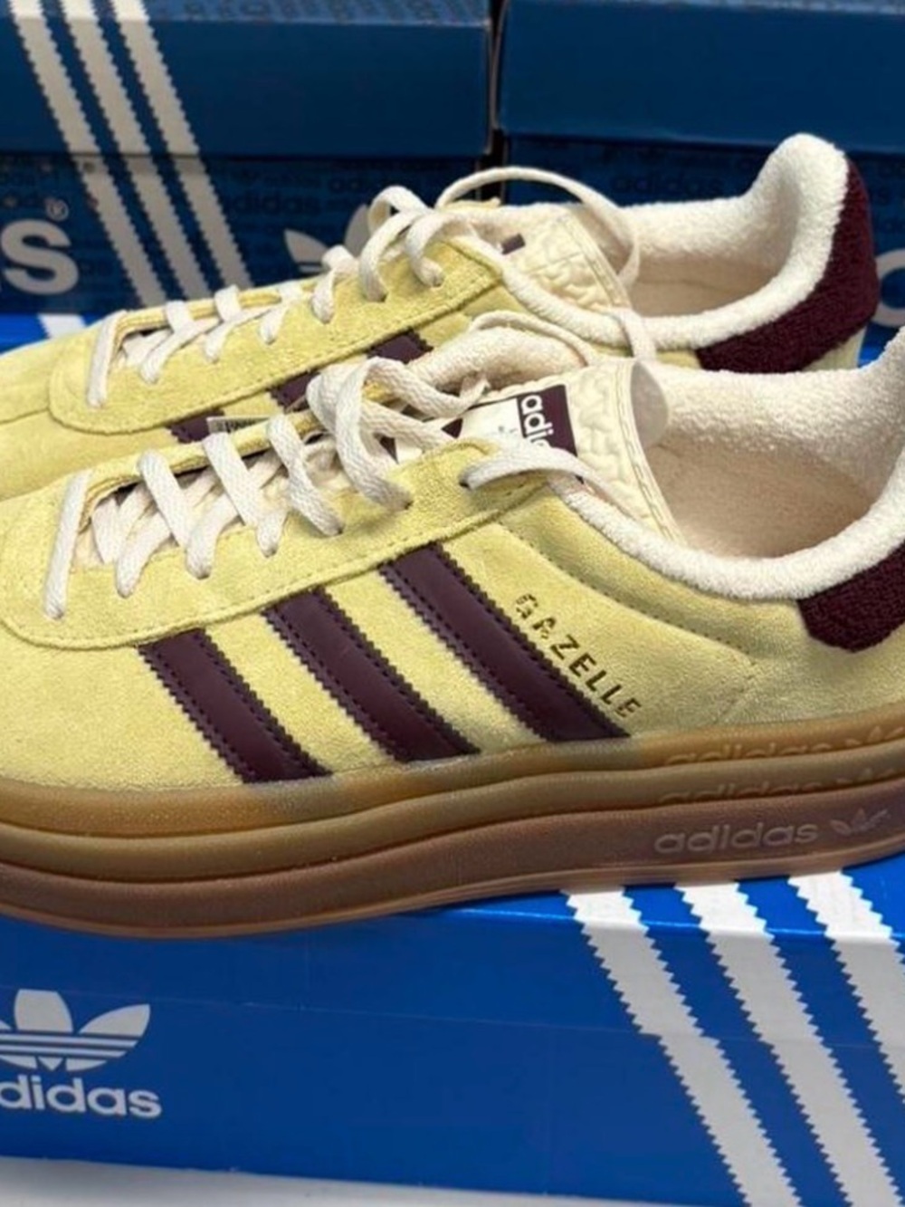 adidas Gazelle Men’s Suede Sneakers in Pale Yellow with Burgundy Stripes